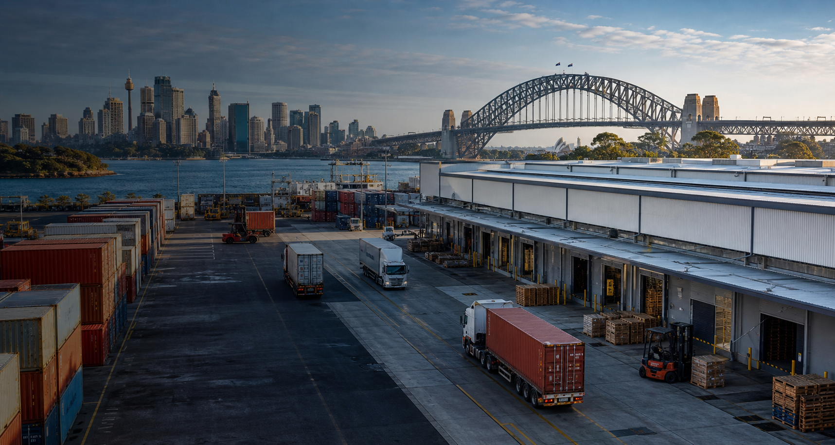Sydney port logistics, warehouse docks and city skyline